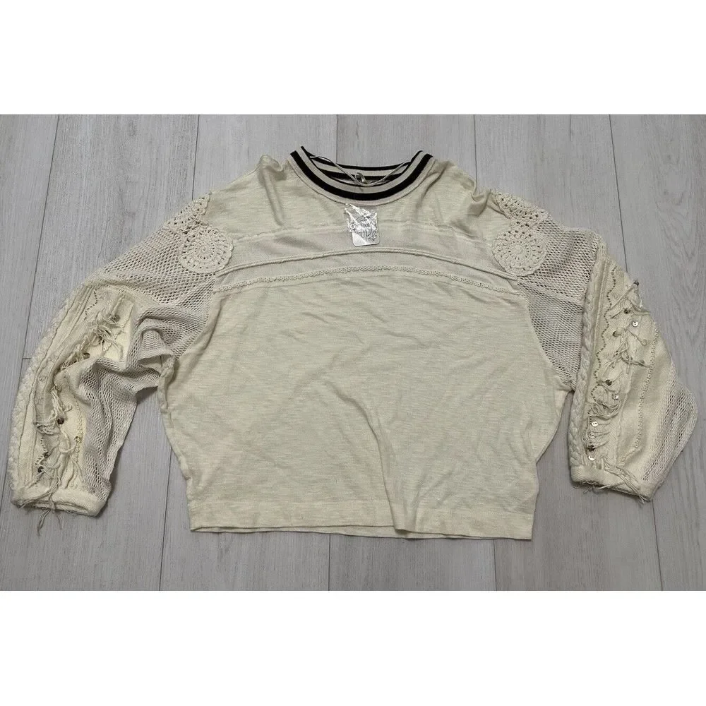 NWT‎ FREE PEOPLE Marakesh Embellished Sleeves Top Sz S $128 MSRP Ivory